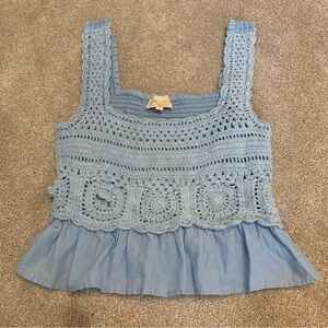 light blue crochet cropped tank top